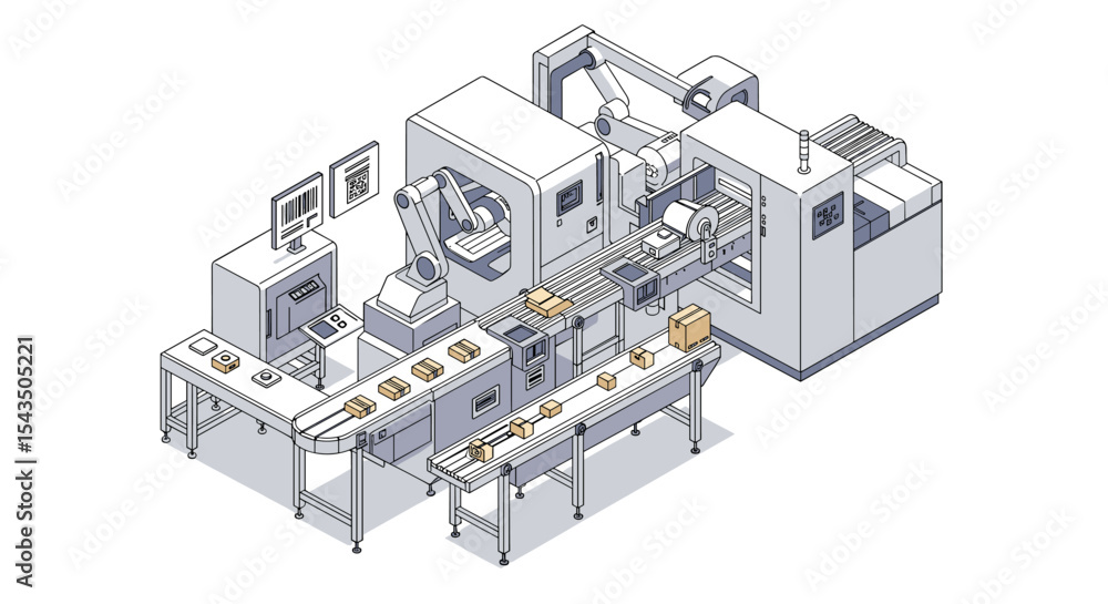Poster automated industrial production line with robot arms and conveyor system isometric style vector illu