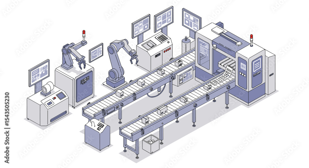 Poster automated manufacturing line with robots and conveyor systems for modern industry isometric style ve