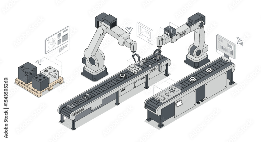 Poster robotic assembly line automation with industrial robotic arms and conveyor system isometric style ve