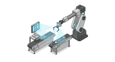 Futuristic robotic arm in automated factory production line design isometric style vector illustration