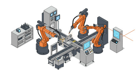 Automated robotic assembly line in modern industrial manufacturing facility isometric style vector illustration