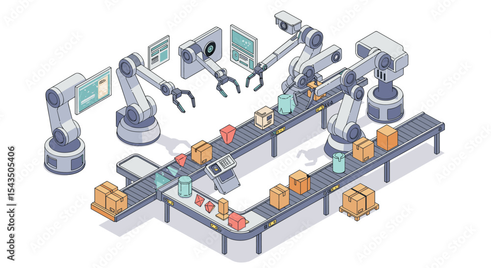 Poster automated industrial assembly line with robotic arms for efficient production isometric style vector