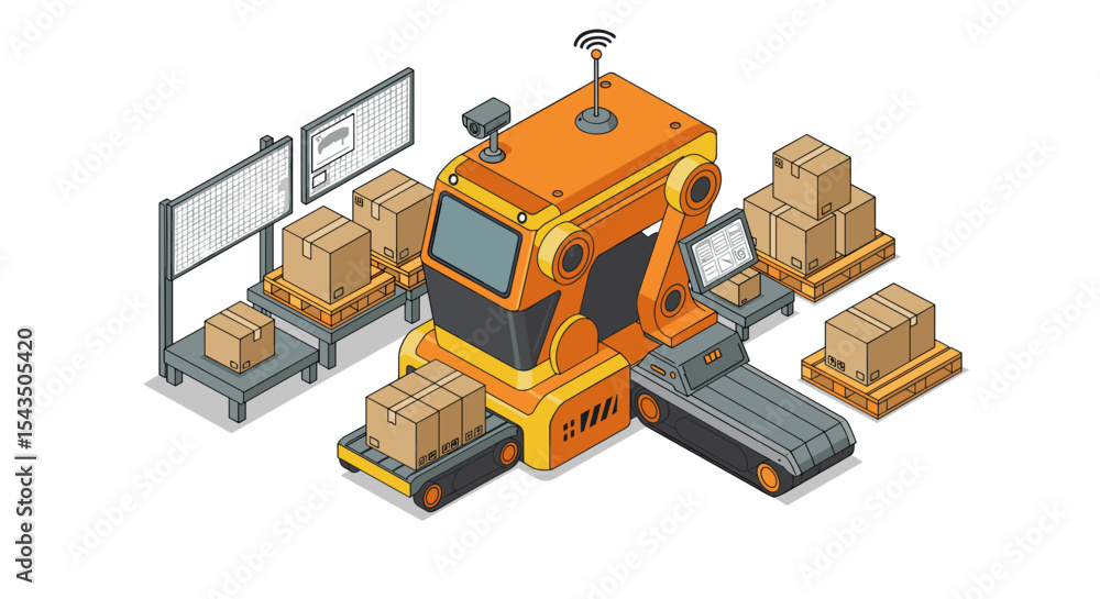 Poster automated warehouse robot with boxes for efficient logistics and inventory management isometric styl
