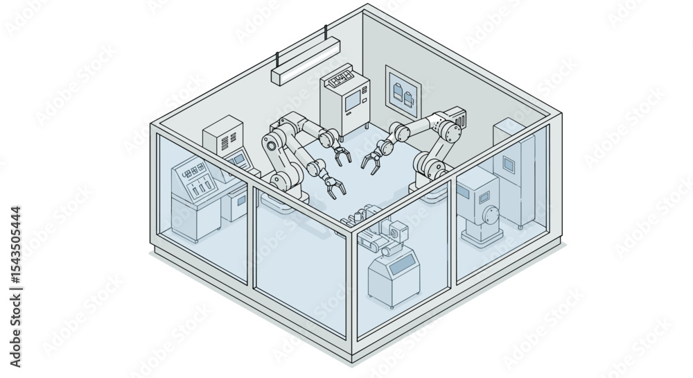 Poster robotics and automation in a modern factory setting for industrial design and innovation isometric s