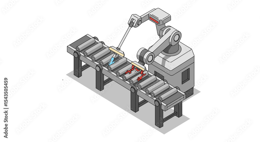 Poster industrial robotic arm sorting objects on conveyor belt in modern manufacturing process isometric st