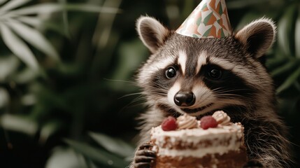 Obraz premium An adorable raccoon wearing a party hat and holding a cake symbolizes joy and celebration in a fun, whimsical setting, adding a light-hearted touch to the festivities.