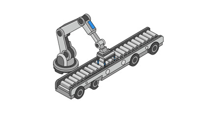 Automated manufacturing process with robotic arm and conveyor system for industrial production isometric style vector illustration