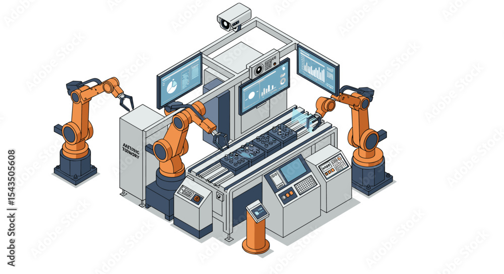 Poster advanced robotic automation in manufacturing process isometric style vector illustration