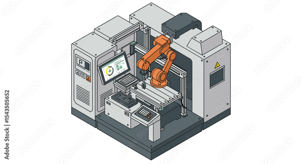 Poster industrial robotic arm operating in automated factory setting for technological innovation isometric