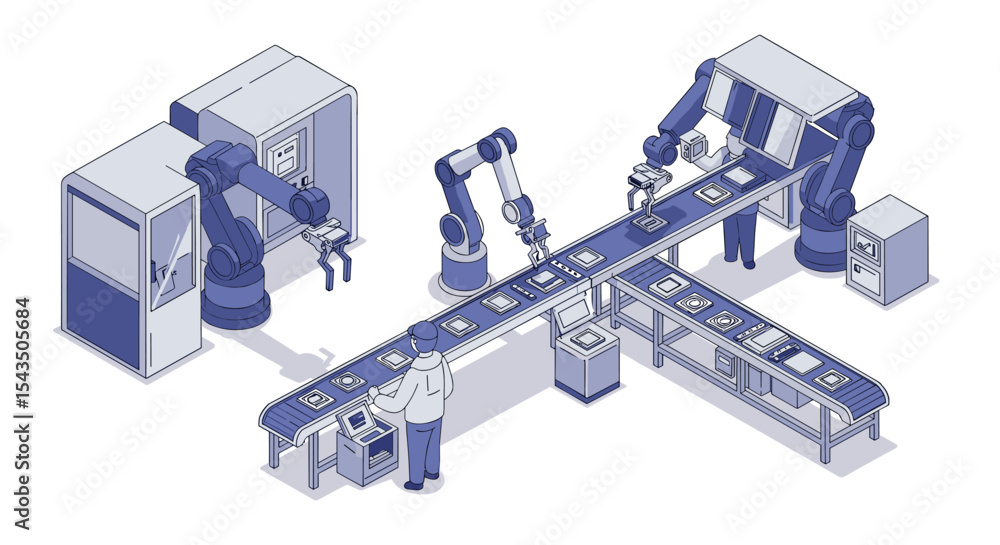 Poster industrial automation and robotics in manufacturing: efficient production line solutions isometric s