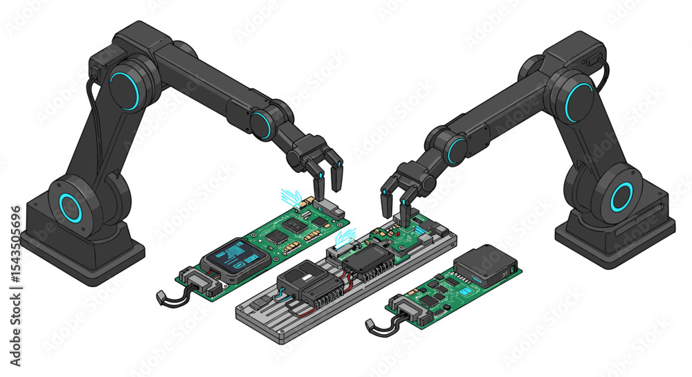 Poster robotic arms assembling circuit boards: innovation in automated technology isometric style vector il