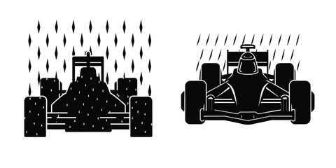 Obraz premium Concept showing a Formula&nbsp;1 car on the grid in rain Silhouette on White Background