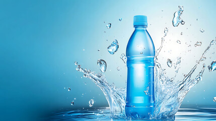 Plastic drink bottle mockup with splash effect on elegant blue background, perfect for advertising and branding design
