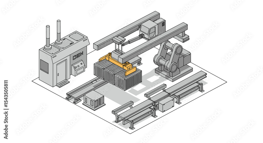 Aufkleber isometric factory automation concept with robotic arm and production line equipment isometric style 