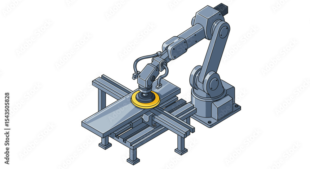 Poster automated industrial robot arm assembling mechanical component in factory setting isometric style ve