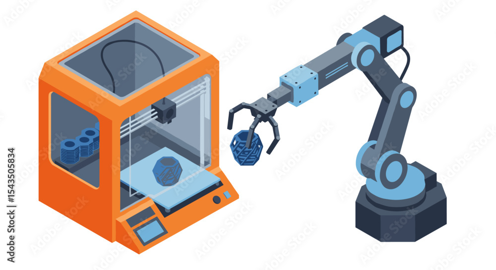 Poster advanced 3d printing and robotic arm technology for manufacturing innovation isometric style vector 