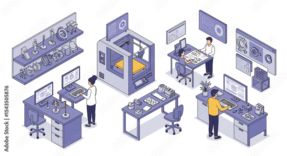 Poster modern workplace with engineers and designers in a technology innovation lab isometric style vector 