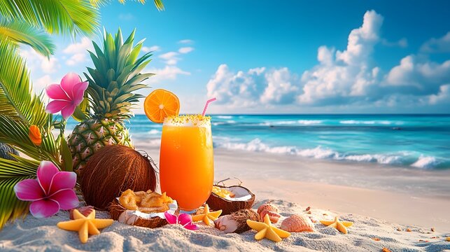 Refreshing Exotic Coconut Drink with Tropical Flowers on Sunny Beach Travel Background AI generated