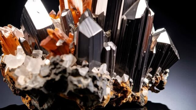 Macro photography showcasing a captivating cluster of minerals, quartz crystals and hematite specimens, exhibiting natural beauty and geological wonders.