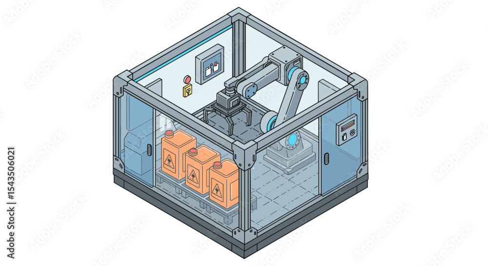 Aufkleber automated robotic arm in secure industrial enclosure for modern manufacturing processes isometric st