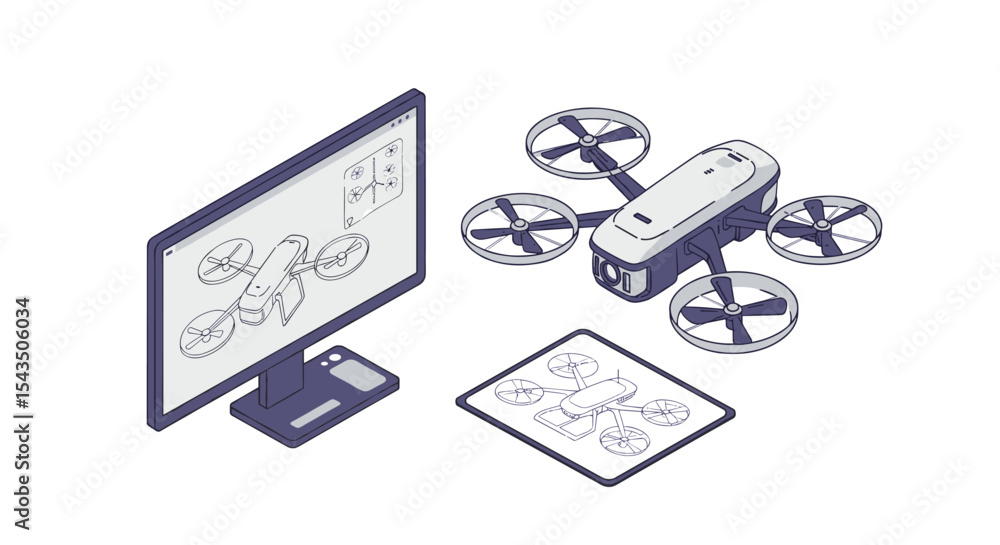 Poster isometric drone design on digital screen and tablet for engineering and innovation projects isometri