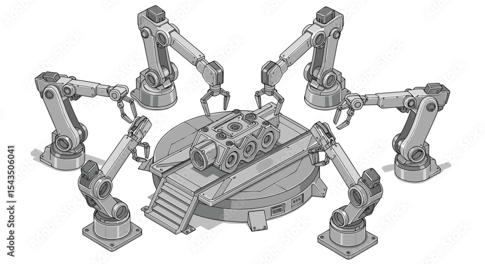 Poster futuristic robotic arms assembling machine in industrial setting concept isometric style vector illu