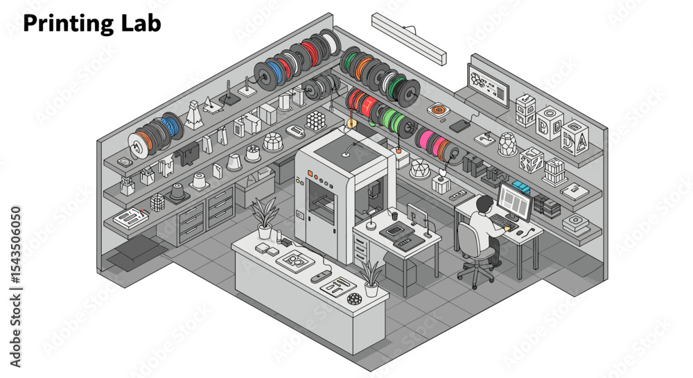 Poster printing lab isometric illustration with 3d printer and workspace design elements isometric style ve