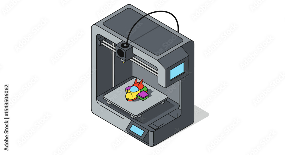 Aufkleber modern 3d printer creating colorful toy rocket model for innovative technology and design isometric 