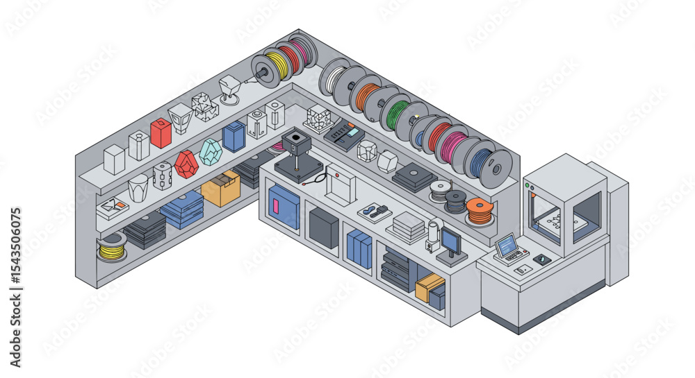 Aufkleber isometric view of modern workshop with tools and materials for innovation and organization isometric
