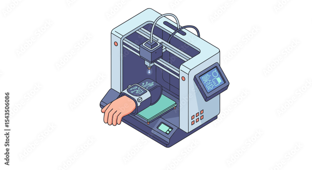 Poster futuristic 3d print of smartwatch design on robotic hand for innovative technology concepts isometri