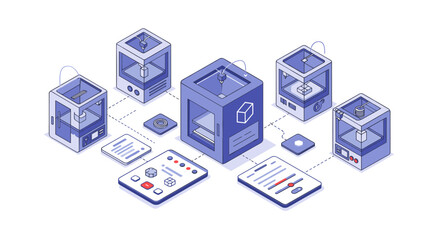 Network of 3d printers with interactive controls for efficient manufacturing process isometric style vector illustration