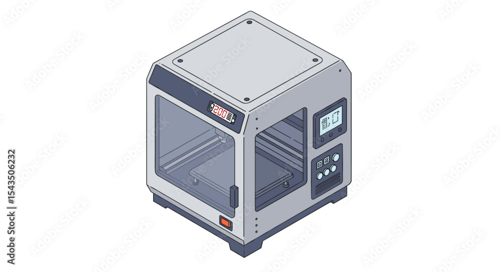 Poster modern 3d printer with digital display for innovative manufacturing and prototyping isometric style 