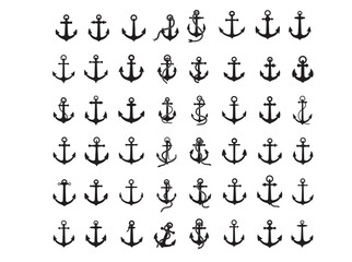 Variety of Black and White Anchor Icons with Ropes, various anchor designs, each with an attached rope, presented in a clean, simple black and white silhouette style, anchor, nautical, marine, sea, sh