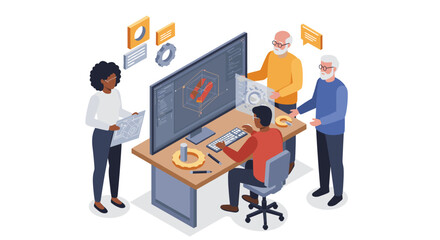 Collaborative team discussing engineering project with digital tools for technical design and innovation isometric style vector illustration