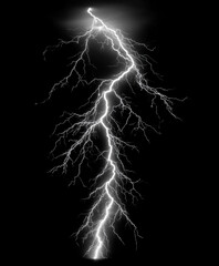 Naklejka premium striking lightning bolt illuminates dark background, showcasing its intricate branches and powerful energy. This monochrome image captures raw beauty of nature electrical display