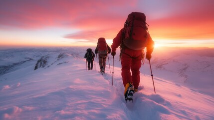A group of climbers ascends a snow-covered peak at sunset, showcasing the beauty of nature and the adventurous spirit of human exploration in the mountains.