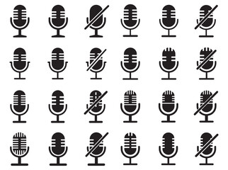 Microphone Icons with On/Off Status, set of black and white microphone icons, showing different on/off statuses, microphone, icon, on, off, mute, unmute, audio, sound, settings, digital, technology, v