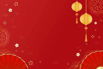 Chinese  lunar new year  red background greeting card golden with traditional lantern