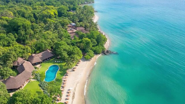 Coastal Paradise: An eye-level shot unveils a breathtaking coastal paradise with lush green foliage, turquoise waters, and a stretch of pristine sandy beach.