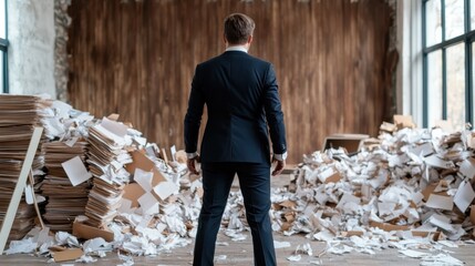 A well-dressed businessman stands facing a chaotic pile of paperwork, surrounded by crumpled documents, representing the overwhelming nature of corporate life and stress in modern business.