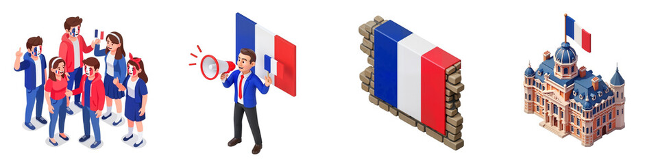 Obraz premium Group of people celebrating with French flags and architecture, concept of Bastille Day 