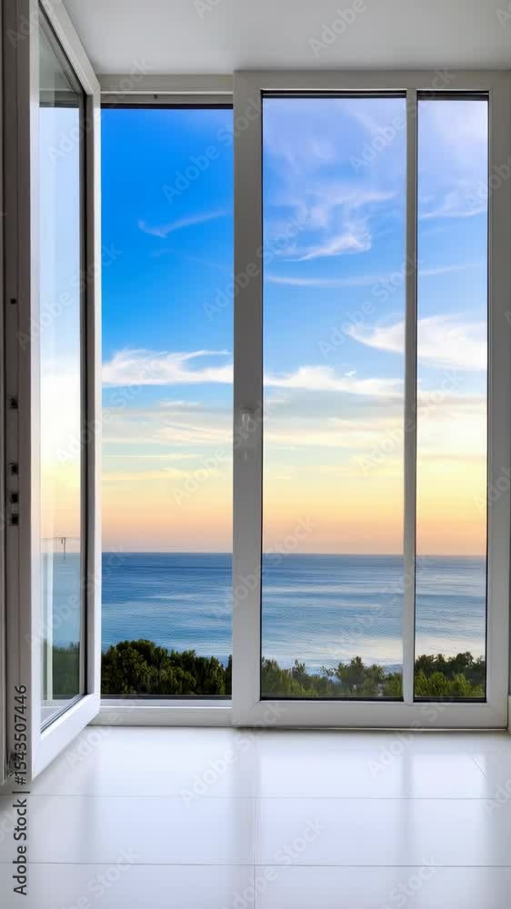 Poster open window overlooking the ocean and horizon during golden hour in a white room with shiny tiled fl