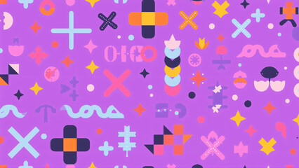 Pattern with purple, pink, orange, yellow, black, light blue; includes crosses, stars, circles, triangles, wavy lines.