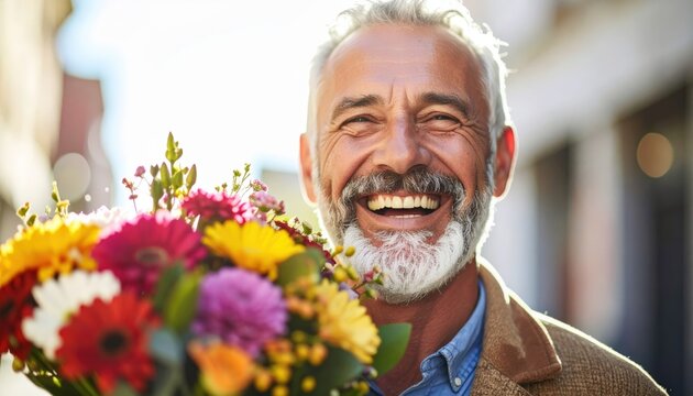 Smiling Man Holding Colorful Bouquet: Happy middle-aged man smiles brightly outdoors, holding a vibrant floral bouquet. Expressing joy, giving a gift, celebrating.