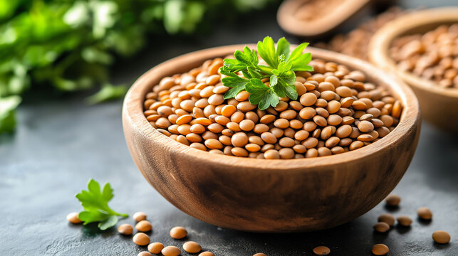 Uma tigela de madeira cheia de lentilhas marrons cozidas, uma fonte de prote&iacute;na vegana saud&aacute;vel e deliciosa.