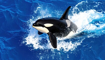 Fototapeta premium Powerful Orca Jumping from Ocean Waves: Killer whale leaps, splashing water in a dynamic display of marine life and freedom.