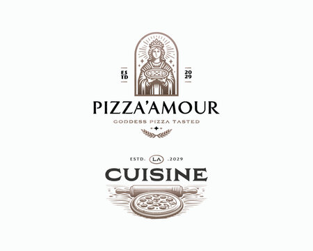 Vintage classic delicious goddess pizza restaurant logo template 