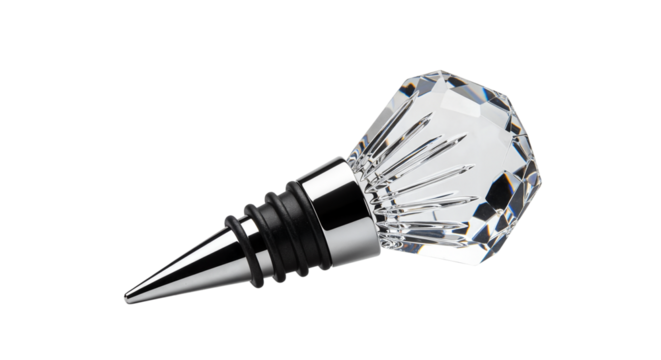 Crystal wine stopper in sleek design with silver details, isolated on transparent background