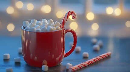 One red mug with hot chocolate marshmallows and candy cane