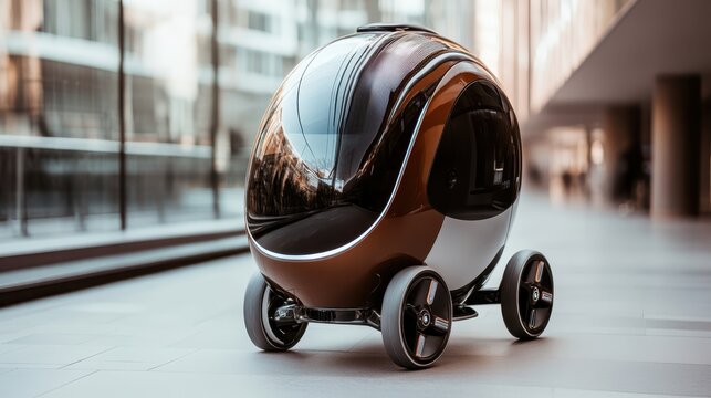 A sleek, self-driving car with a modern design sits poised in a contemporary urban space, embodying innovation and the future of transportation technology.